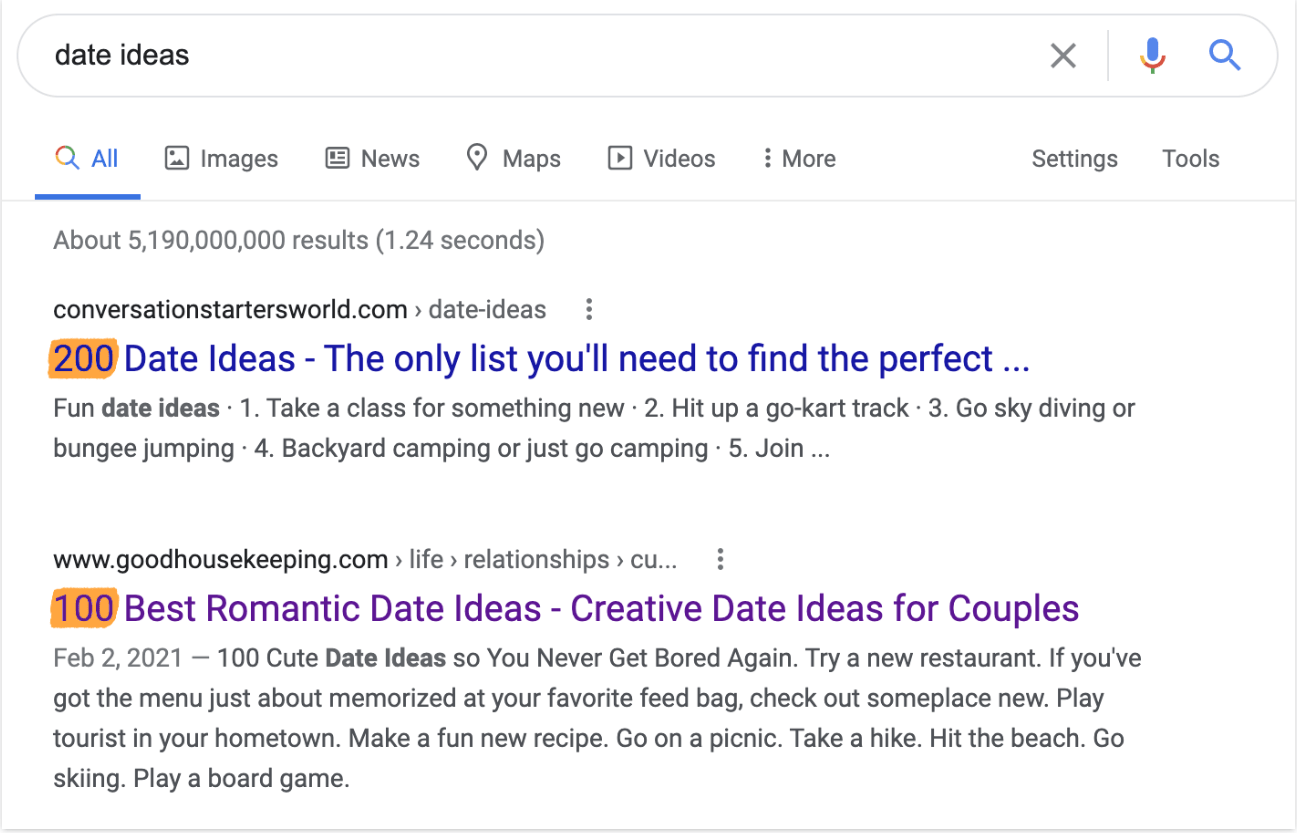 Ví dụ từ khóa “date ideas” – ahrefs.com