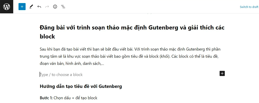 Hướng dẫn đăng bài trên WordPress – Chọn dấu “+” để tạo block