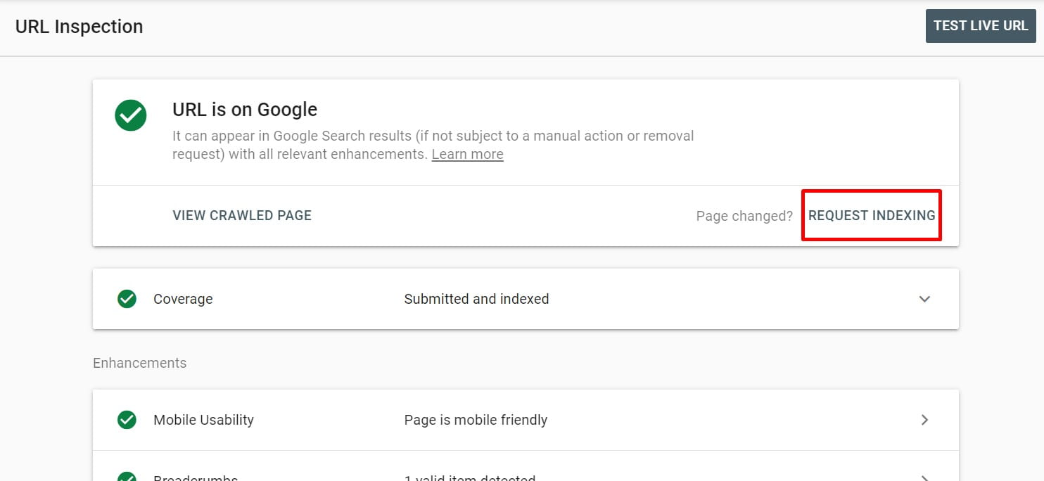 Yêu cầu index trên Google Search Console