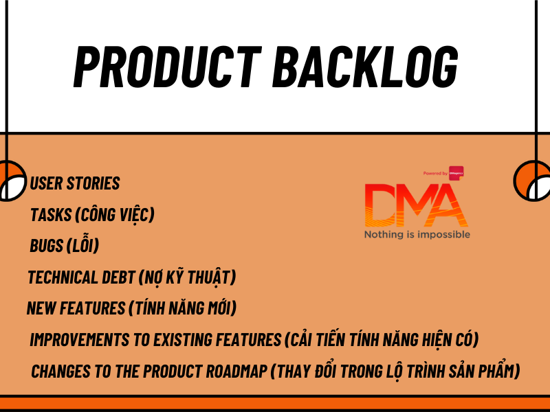 Product backlog bao gồm nhiều yếu tố